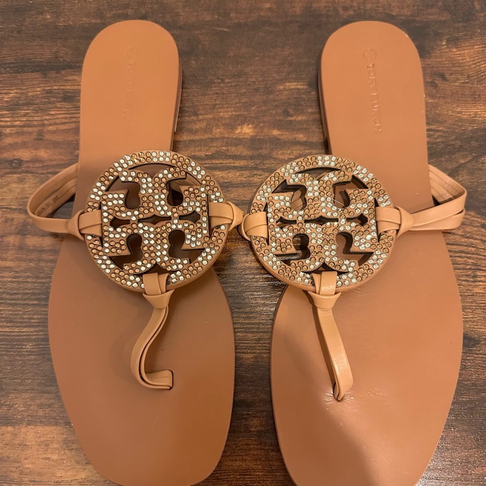 Tory Burch square toe Miller sandal  Embellished Logo. Barely worn.
